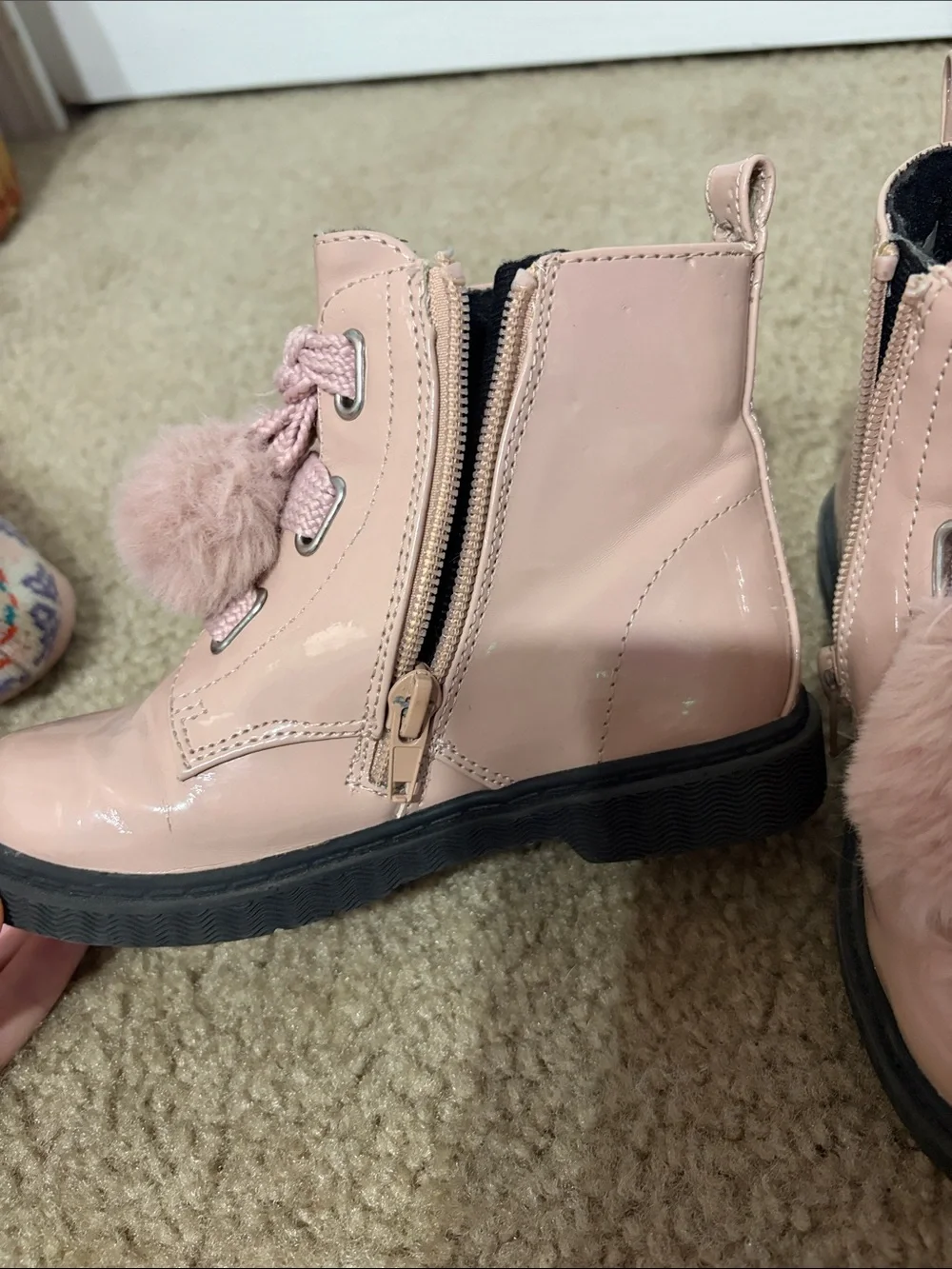 Kids Pink Pom Pom Lace-Up Boots
